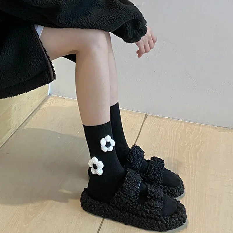 Black and White Socks Women All Cotton Socks Knit Flowers Sweet INS Stereo Handmade Long Socks