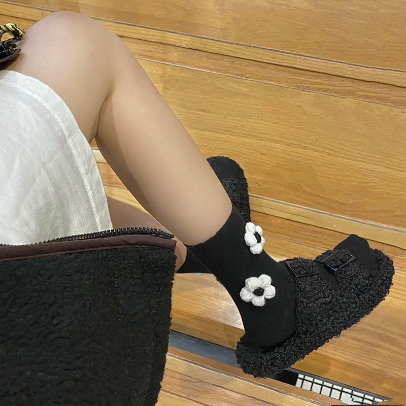 Black and White Socks Women All Cotton Socks Knit Flowers Sweet INS Stereo Handmade Long Socks