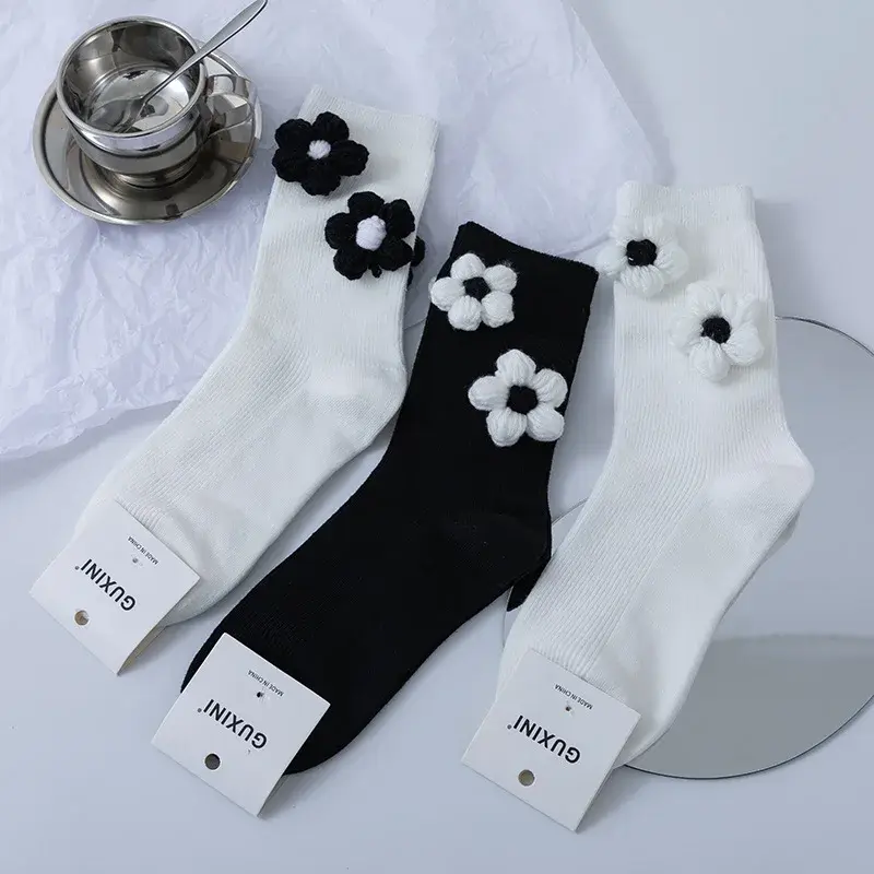 Black and White Socks Women All Cotton Socks Knit Flowers Sweet INS Stereo Handmade Long Socks