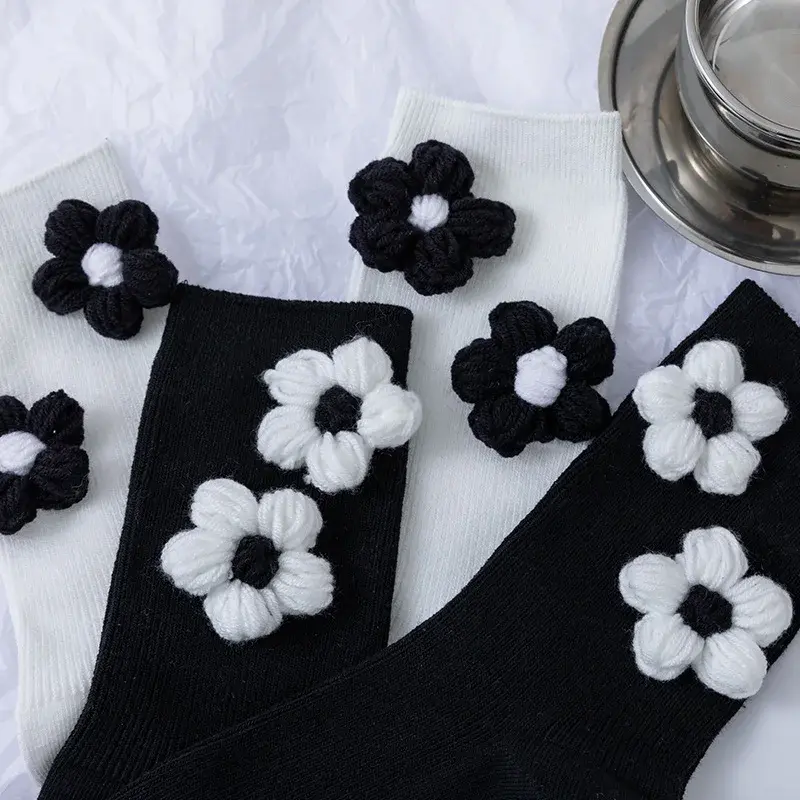 Black and White Socks Women All Cotton Socks Knit Flowers Sweet INS Stereo Handmade Long Socks