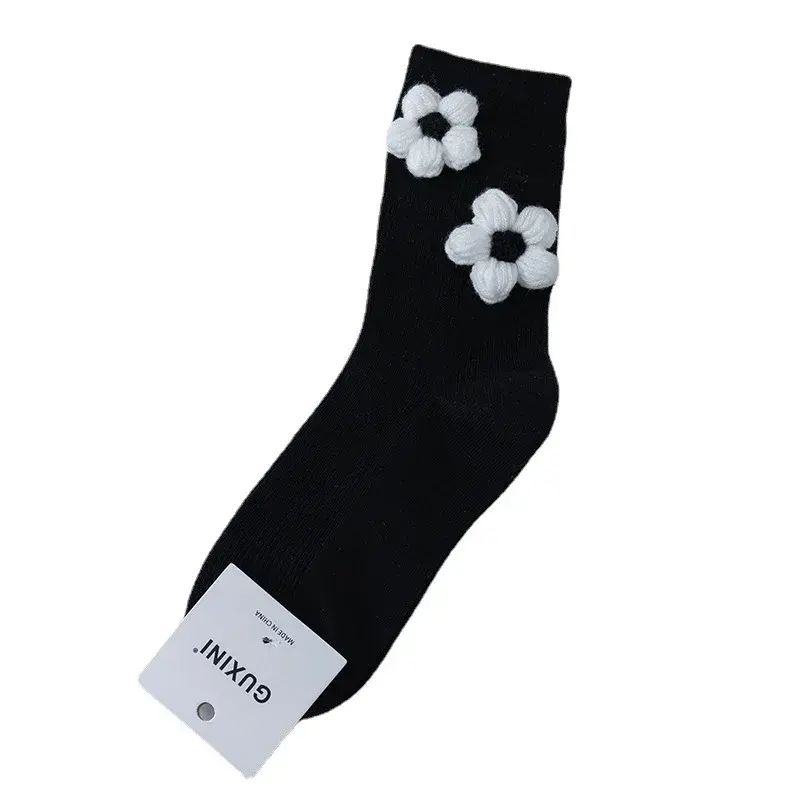 Black and White Socks Women All Cotton Socks Knit Flowers Sweet INS Stereo Handmade Long Socks