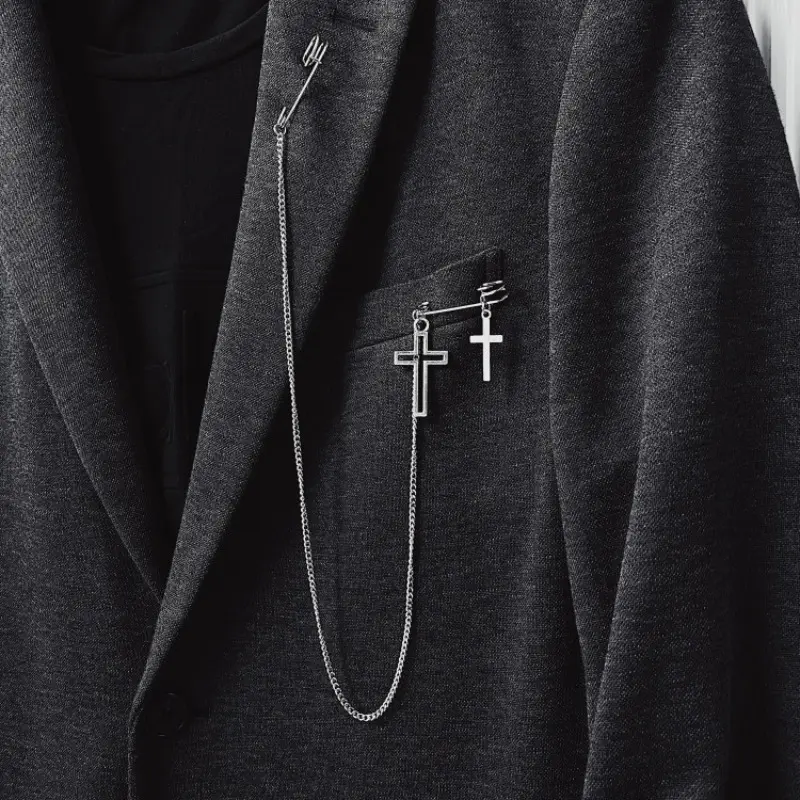 INS New Cross Brooch Chain Multipurpose Brooch Cartoon for Men Women Street Metal Chest Chain Brooch Trendy Accessories Gifts
