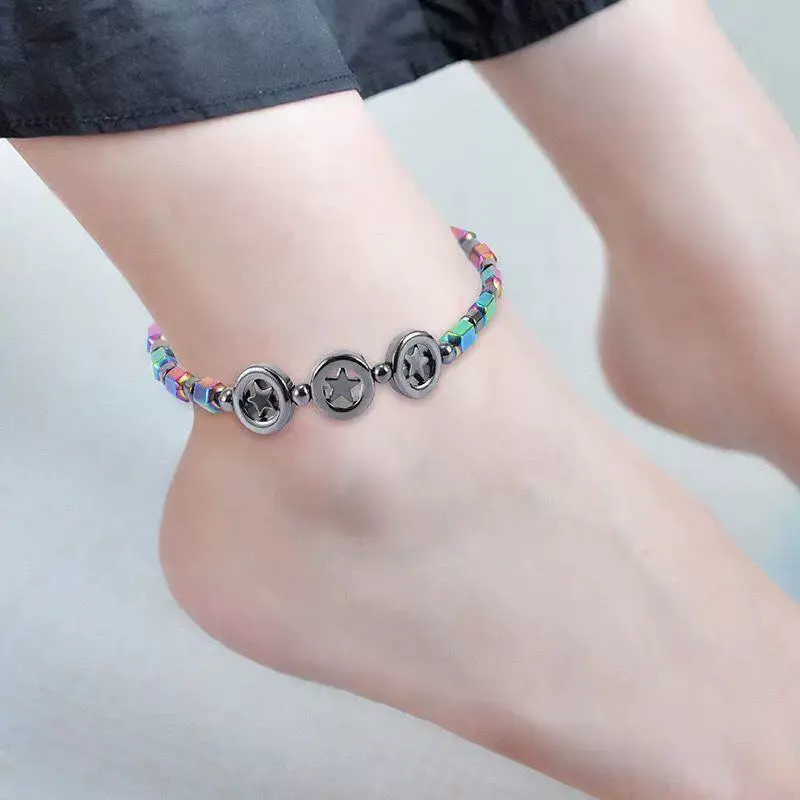 Fashion Magnetic Black Gallstone Electroplating AB Color Round Beads Pentagram Foot Chain Bracelet, European and American