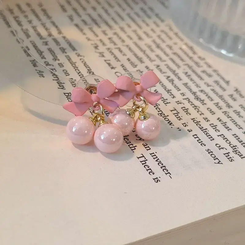 Fashion Bow Earrings Women Girls Design Charm Round Bead Drop Luxury Stud Earrings Student Jewelry Gifts