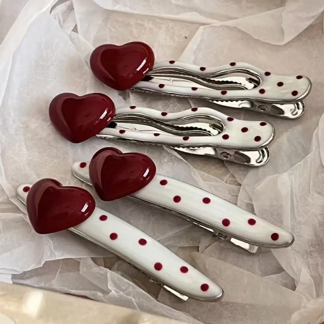 Fashion Red Polka Dot Love Hair Clip Red White Color Duck Mouth Clip Cute Girl Versatile Bangs Clip Hair Accessory Short Hair