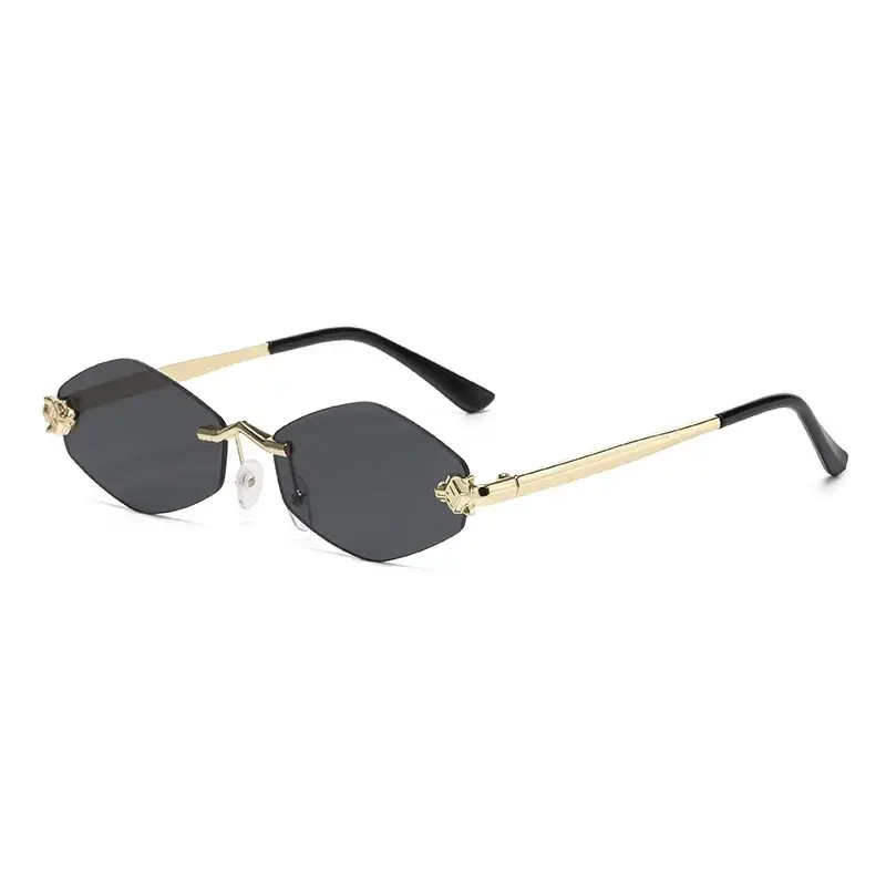 New High Quality Fashion Sunglasses Women Retro Metal Small Diamond Frame Vintage Luxury Rhombus Rimless Shades Men Glasses