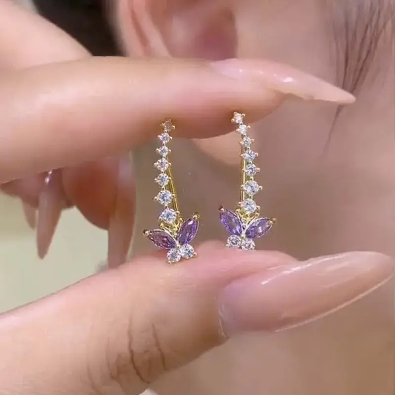 Fashion Exquisite Aesthetic Purple Zircon Butterfly Stud Earrings for Women Crystal Butterfly Ear Earrings Wedding Jewelry Gifts