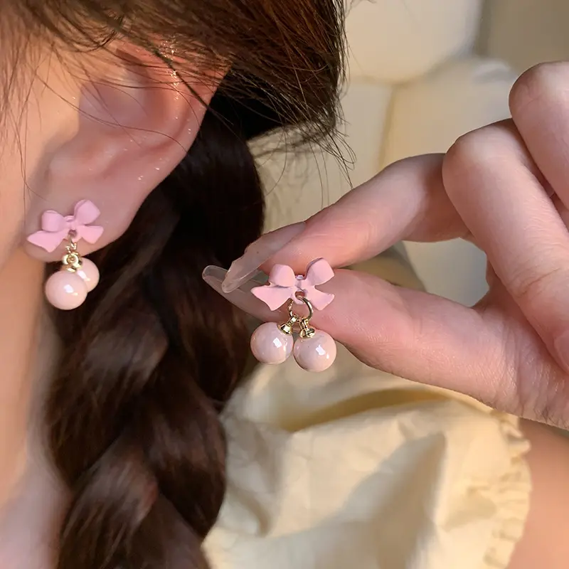 Fashion Bow Earrings Women Girls Design Charm Round Bead Drop Luxury Stud Earrings Student Jewelry Gifts