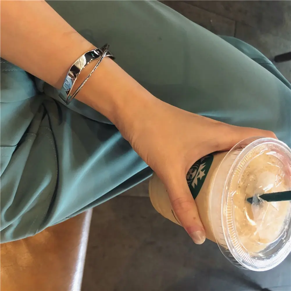 New Korean New Glossy Double Layer Geometric Irregular Cross Ripple Opening Wristband Jewelry Bangle for Women Girls Party