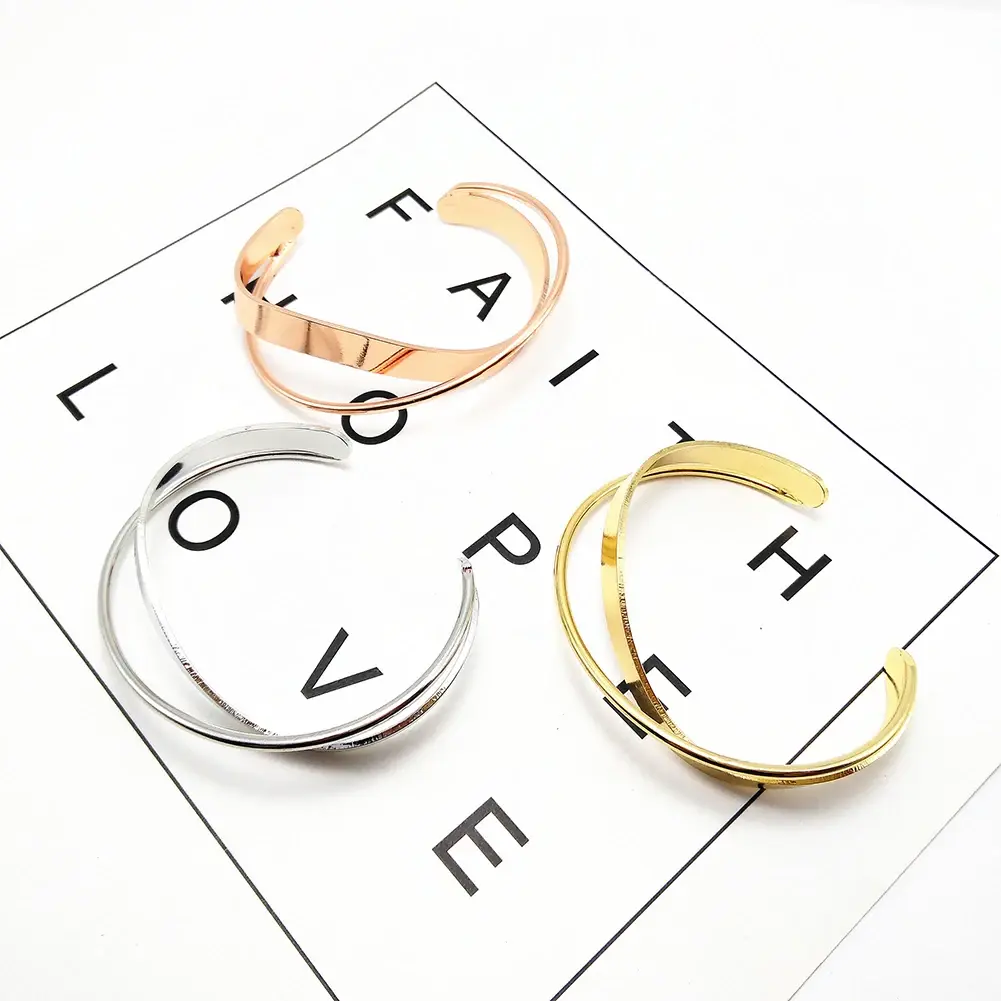 New Korean New Glossy Double Layer Geometric Irregular Cross Ripple Opening Wristband Jewelry Bangle for Women Girls Party