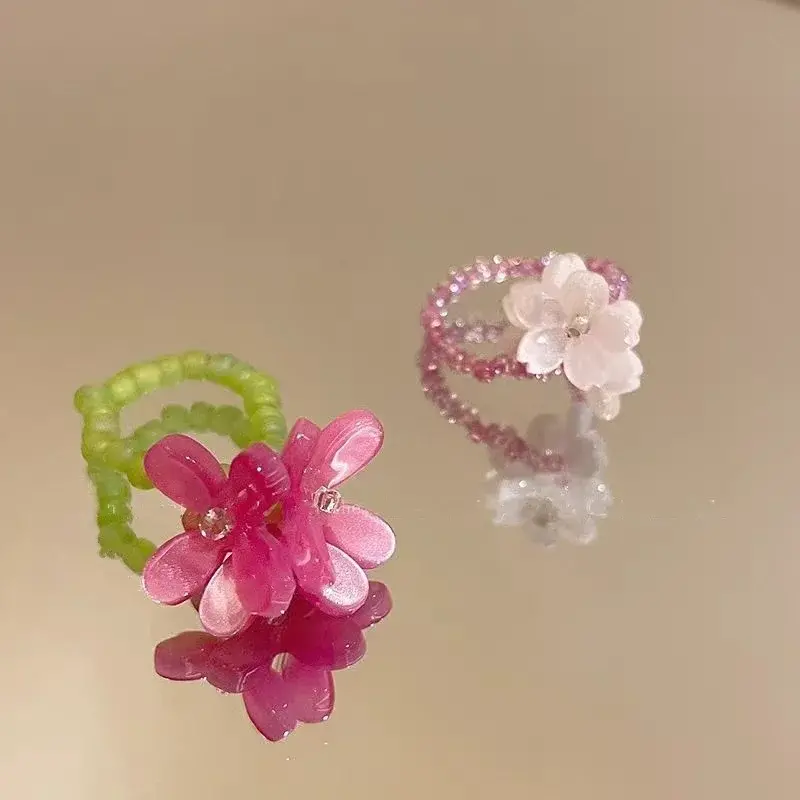 Fashion Simple Acrylic Wind Chime Flower Elastic Ring Hand Woven Stretchable Luxury Women's Ring Aesthetic Jewelry Gift