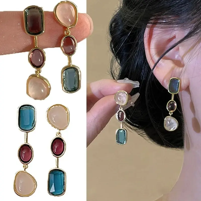 Fashion Asymmetric Colorful Gem Earrings Retro Temperament Luxury Women Decoration Retro Design Dangle Earring Party Jewelry