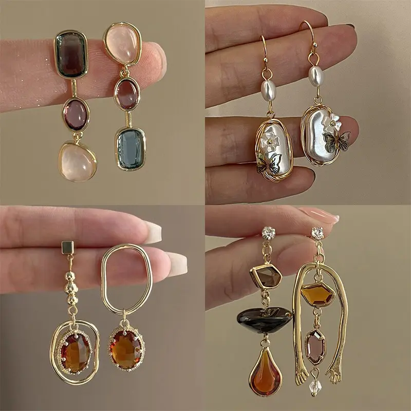 Fashion Asymmetric Colorful Gem Earrings Retro Temperament Luxury Women Decoration Retro Design Dangle Earring Party Jewelry