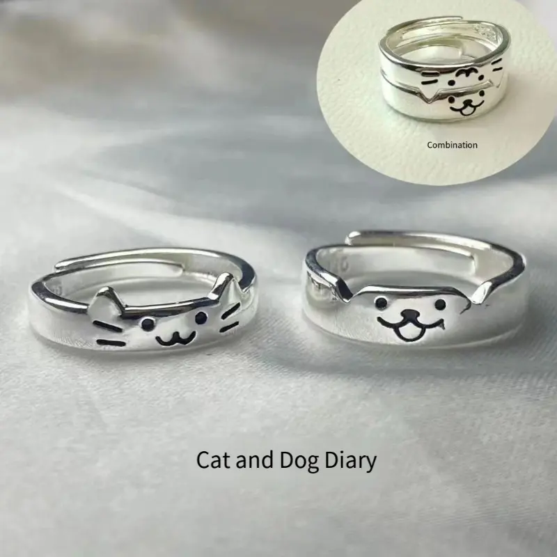Cartoon Cute Cat Dog Animal Couple Fashion Ring Women Men Valentine's Day Lover Adjustable Rings Fashion Jewelry Couple Party
