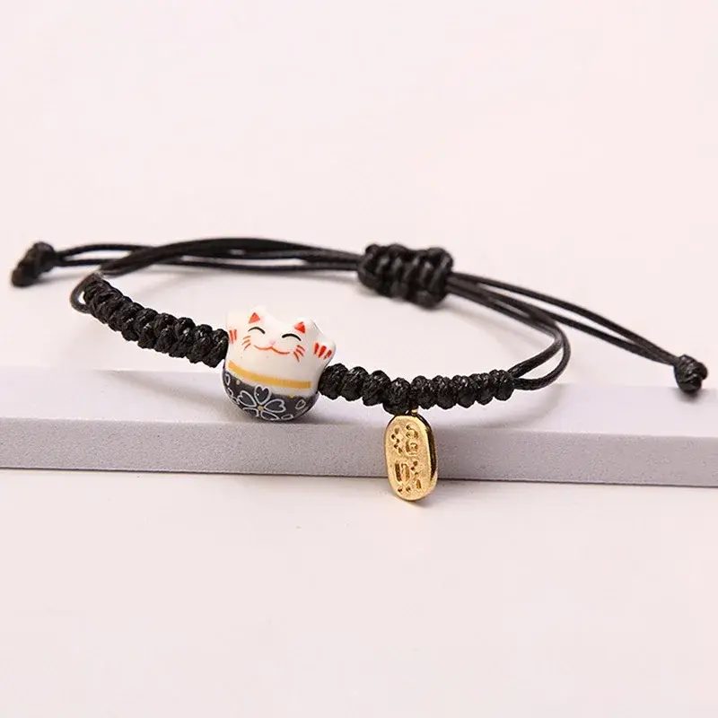 Simple Ceramic Lucky Cat Braided Bracelet for Women Men Multicolor Cute Animal Hand-Knitted Adjustable Bracelet Harajuku Jewelry