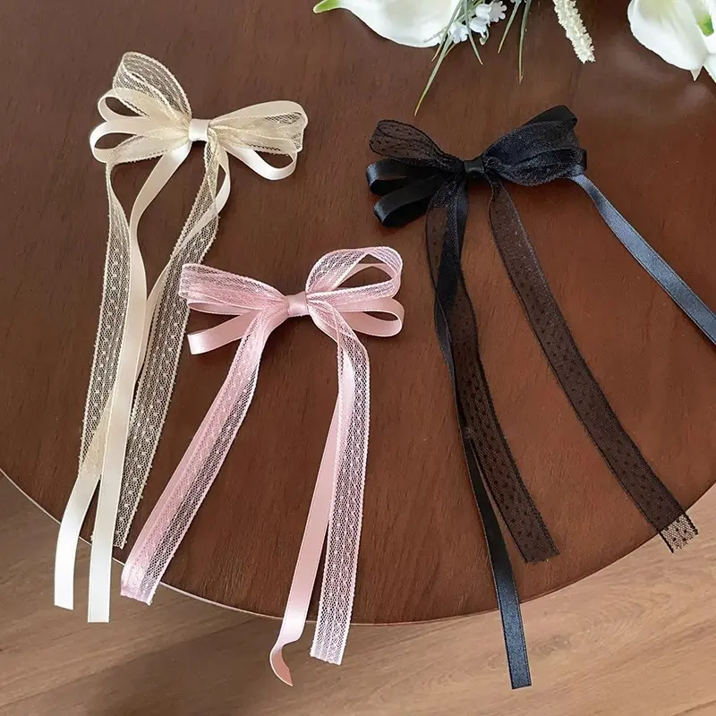 2pcs/set Korean Lace Bow Hair Clip Trend Long Ribbon Hairpins Barrettes Headband for Women Girl Hair Accessories Wedding Jewelry
