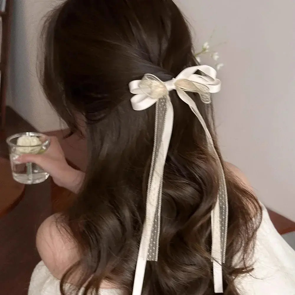 2pcs/set Korean Lace Bow Hair Clip Trend Long Ribbon Hairpins Barrettes Headband for Women Girl Hair Accessories Wedding Jewelry