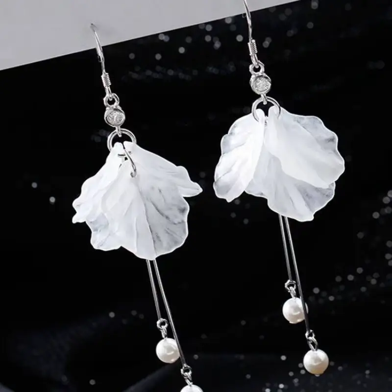 Fashion Eternal Flower Pearl Earrings Women Long Temperament Silver Plated Tassel Earrings Wedding Bridal Jewelry Accessories
