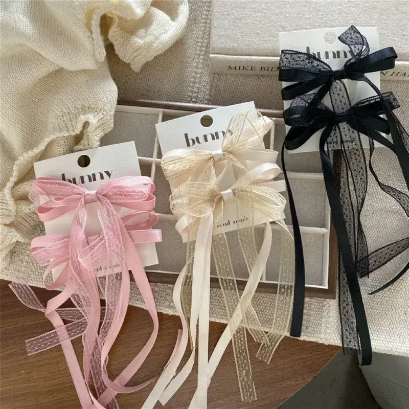 2pcs/set Korean Lace Bow Hair Clip Trend Long Ribbon Hairpins Barrettes Headband for Women Girl Hair Accessories Wedding Jewelry
