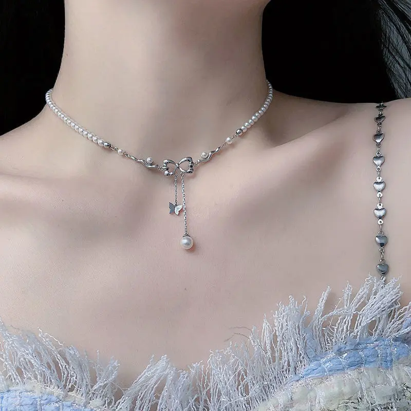 Ins Fashion Shiny Butterfly Pearl Necklace Women Y2K Crystal Zircon Bow Pendant Necklaces Girls Banquet Jewelry Clavicle Chain