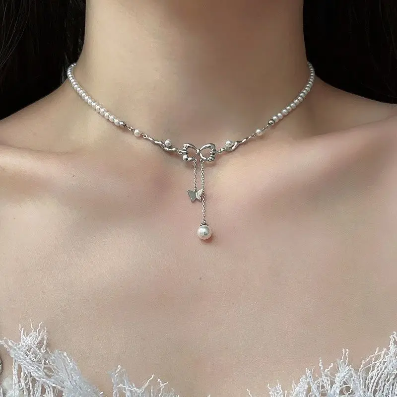 Ins Fashion Shiny Butterfly Pearl Necklace Women Y2K Crystal Zircon Bow Pendant Necklaces Girls Banquet Jewelry Clavicle Chain