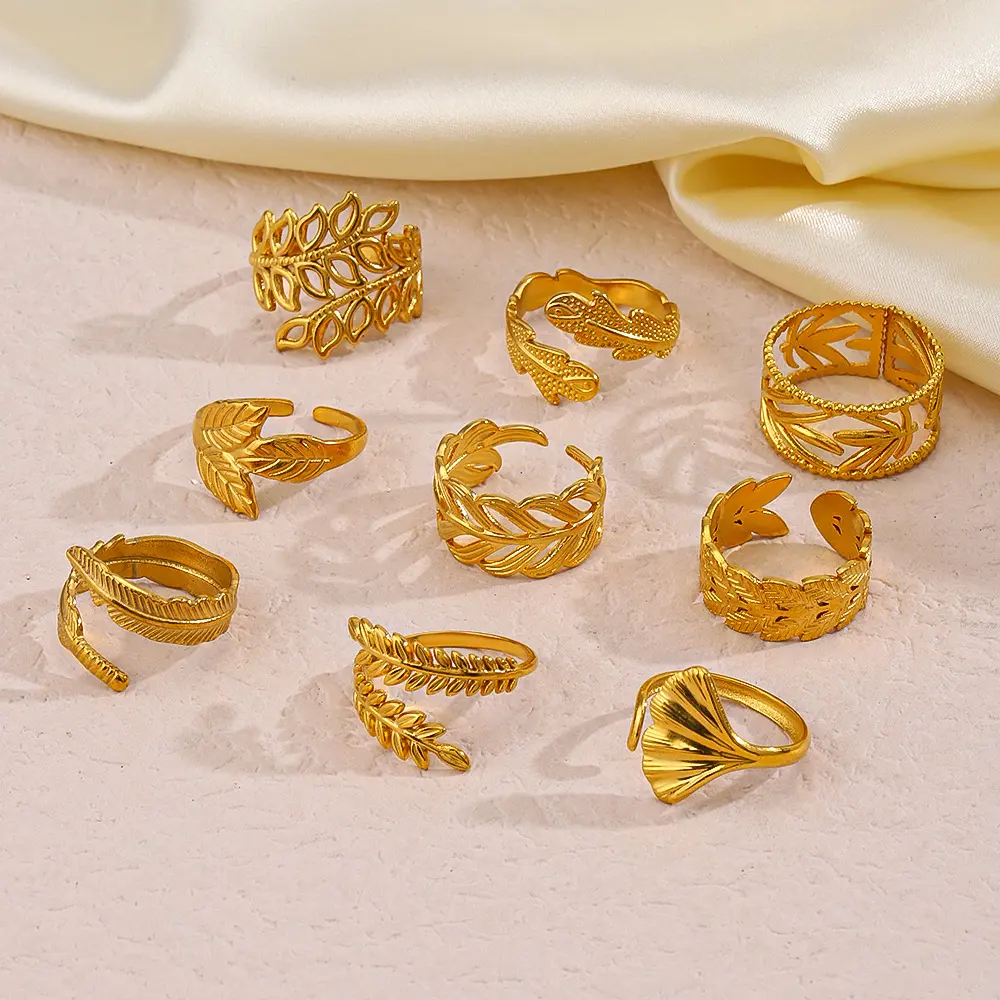 Stainless Steel Shell Rings Women Adjustable Gold Color Leaf Open Rings Female Fashion Jewelry Weddings Gifts