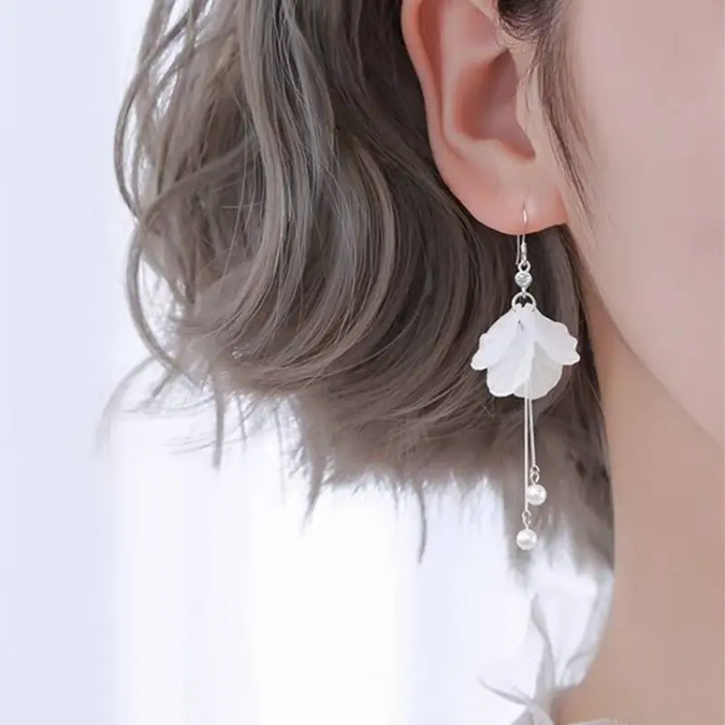 Fashion Eternal Flower Pearl Earrings Women Long Temperament Silver Plated Tassel Earrings Wedding Bridal Jewelry Accessories