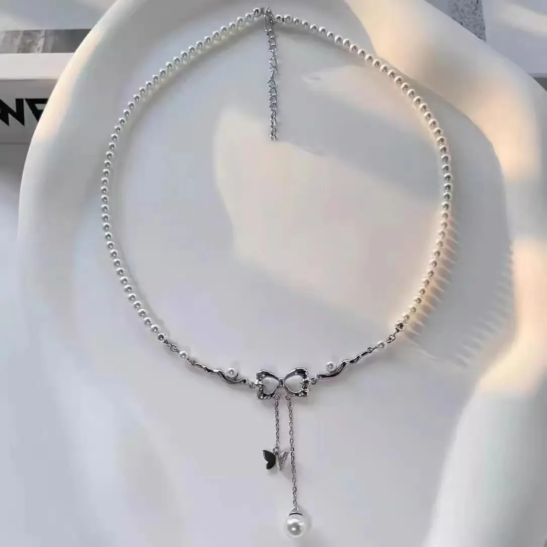 Ins Fashion Shiny Butterfly Pearl Necklace Women Y2K Crystal Zircon Bow Pendant Necklaces Girls Banquet Jewelry Clavicle Chain