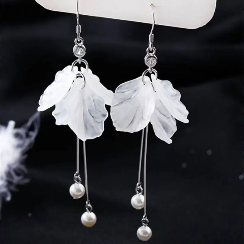 Fashion Eternal Flower Pearl Earrings Women Long Temperament Silver Plated Tassel Earrings Wedding Bridal Jewelry Accessories