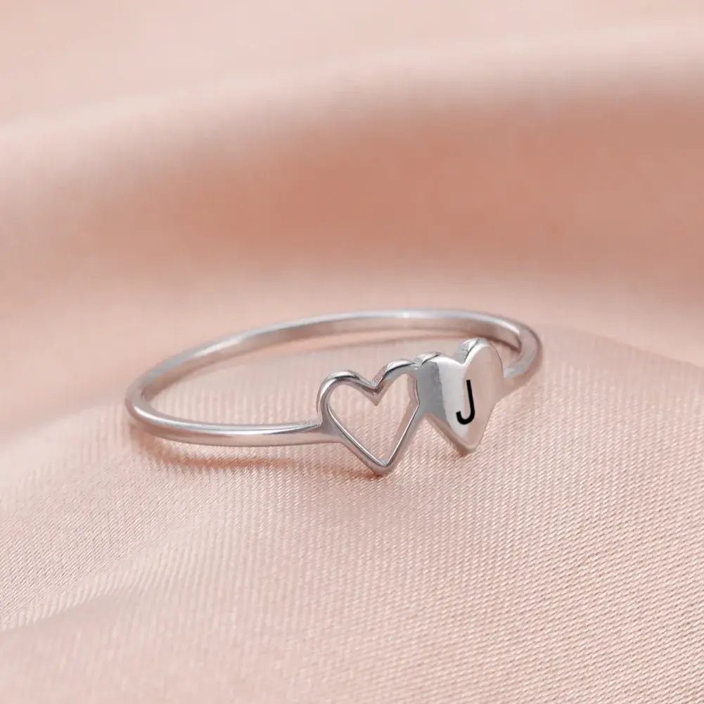 New Fashion Stainless Steel A-Z 26 Letters Rings Double Heart Hollow Women Ring Women Charm Wedding Finger Lovers Jewelry Gift