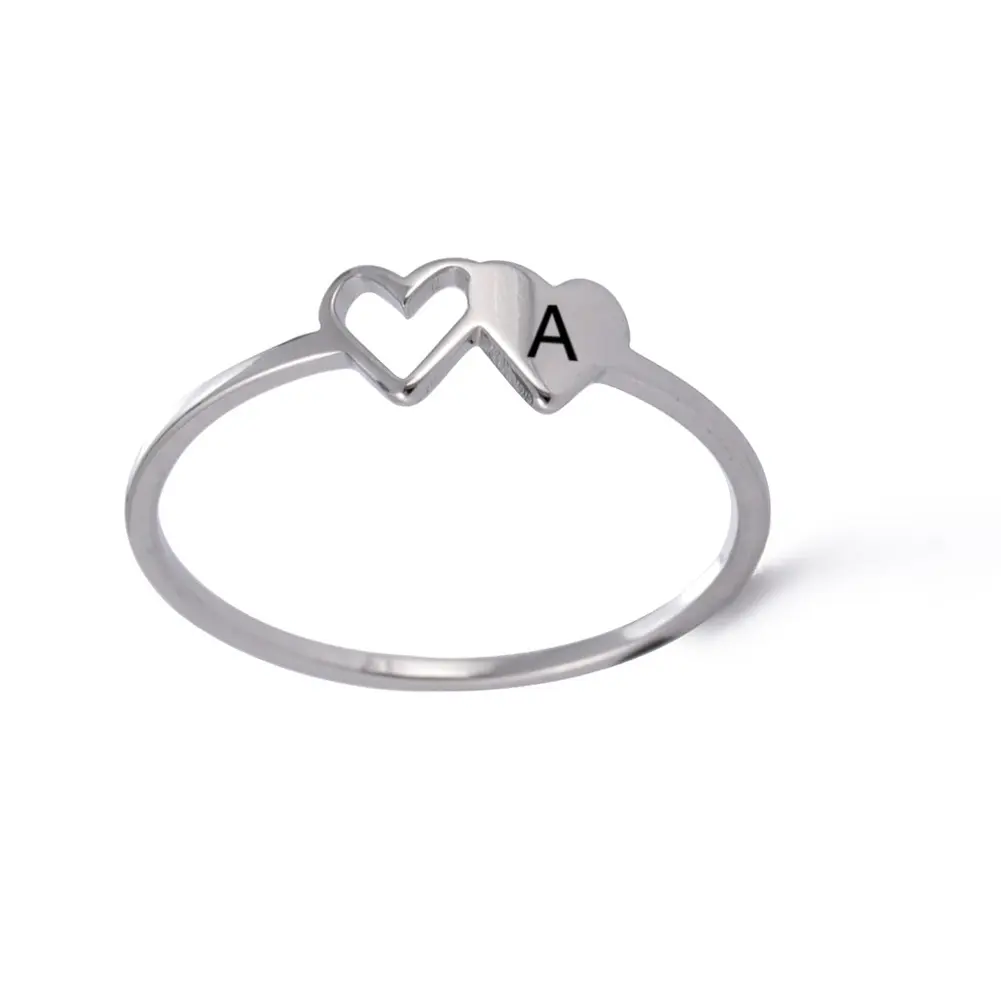 New Fashion Stainless Steel A-Z 26 Letters Rings Double Heart Hollow Women Ring Women Charm Wedding Finger Lovers Jewelry Gift