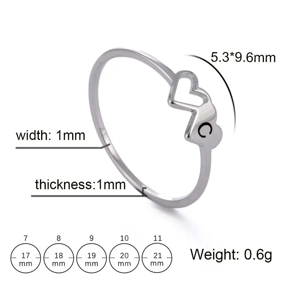 New Fashion Stainless Steel A-Z 26 Letters Rings Double Heart Hollow Women Ring Women Charm Wedding Finger Lovers Jewelry Gift