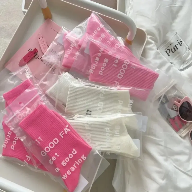 Cotton Mid Tube Socks Women's Spring Autumn Mid-tube Socks Ins Outside Wear Cotton Bottoming High Waist Letter Sports Stockings
