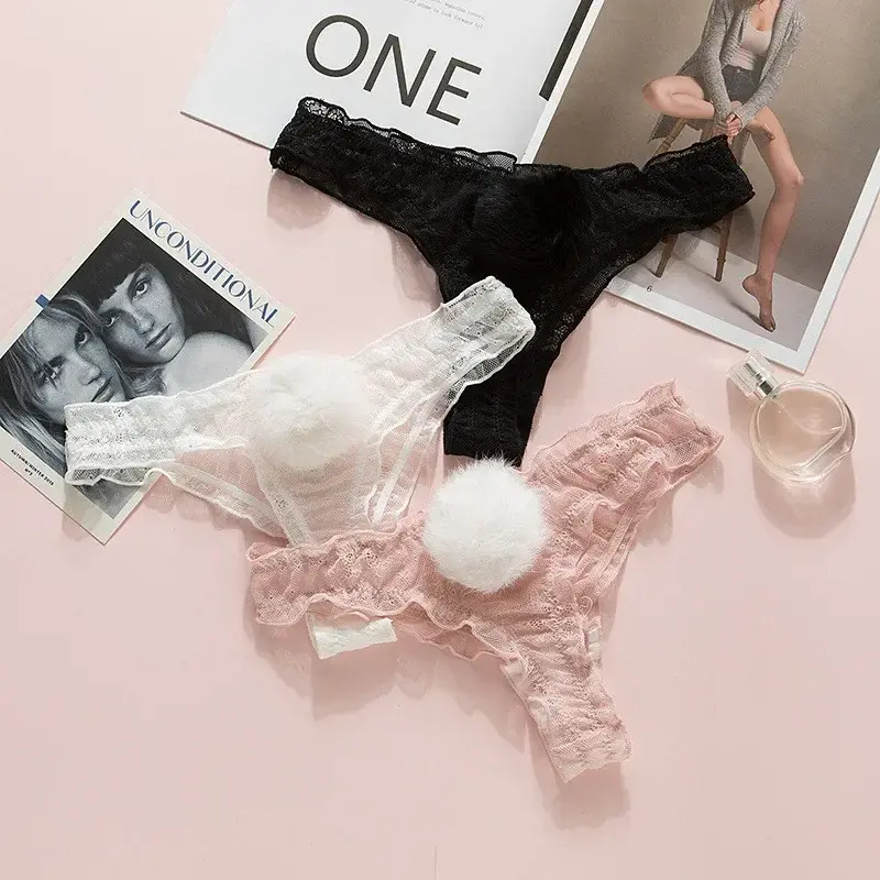 Sexy Lace Panties Cute Rabbit Tail Women's Underpants See-Through G String Mesh Breathable Underpants Ladies Sexy Thong