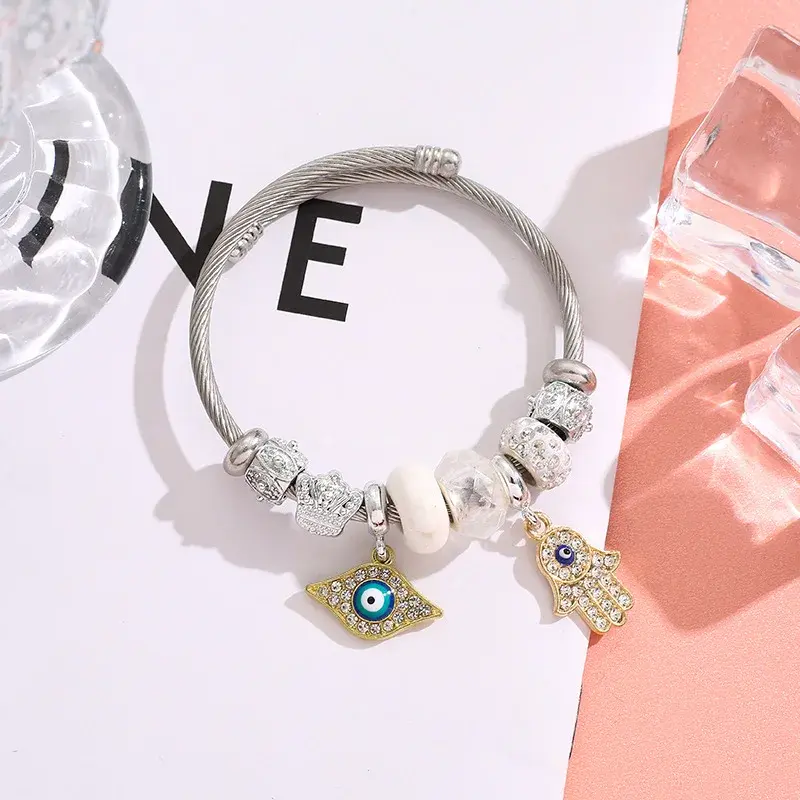 New Fashion Stainless Steel Evil Eye Bracelet Women Zircon Bracelet Turkish Lucky Luxury Couple Adjustable Bangle Jewelry
