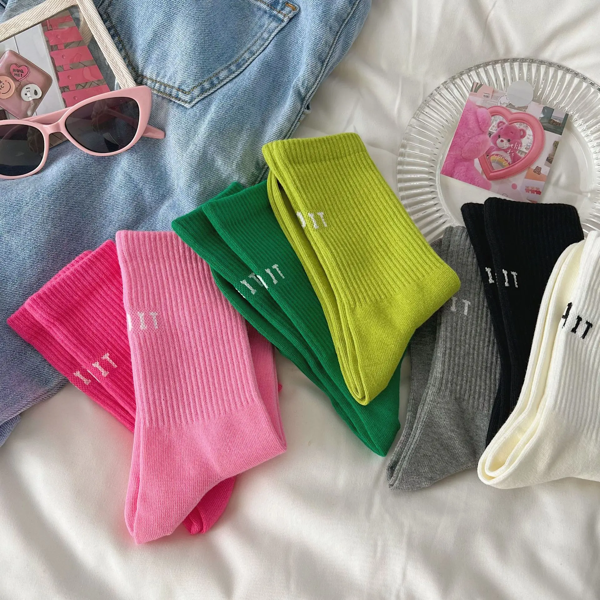 Cotton Mid Tube Socks Women's Spring Autumn Mid-tube Socks Ins Outside Wear Cotton Bottoming High Waist Letter Sports Stockings