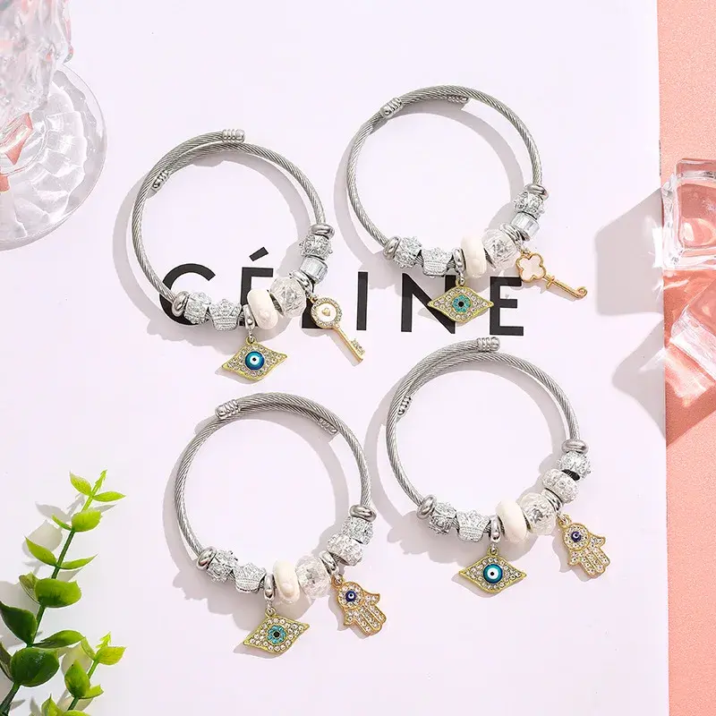 New Fashion Stainless Steel Evil Eye Bracelet Women Zircon Bracelet Turkish Lucky Luxury Couple Adjustable Bangle Jewelry