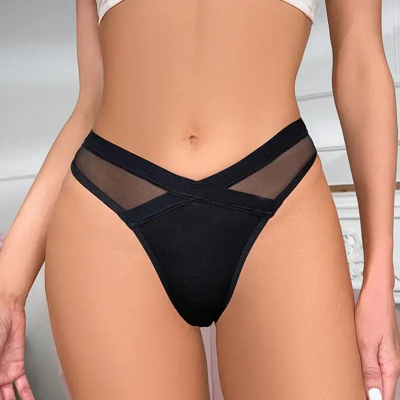 Fashion Women Sexy Thong Low Waist Mesh Solid Color Lace Transparent Panties Cotton Crotch Sexy Lingerie G String Women 40-80KG
