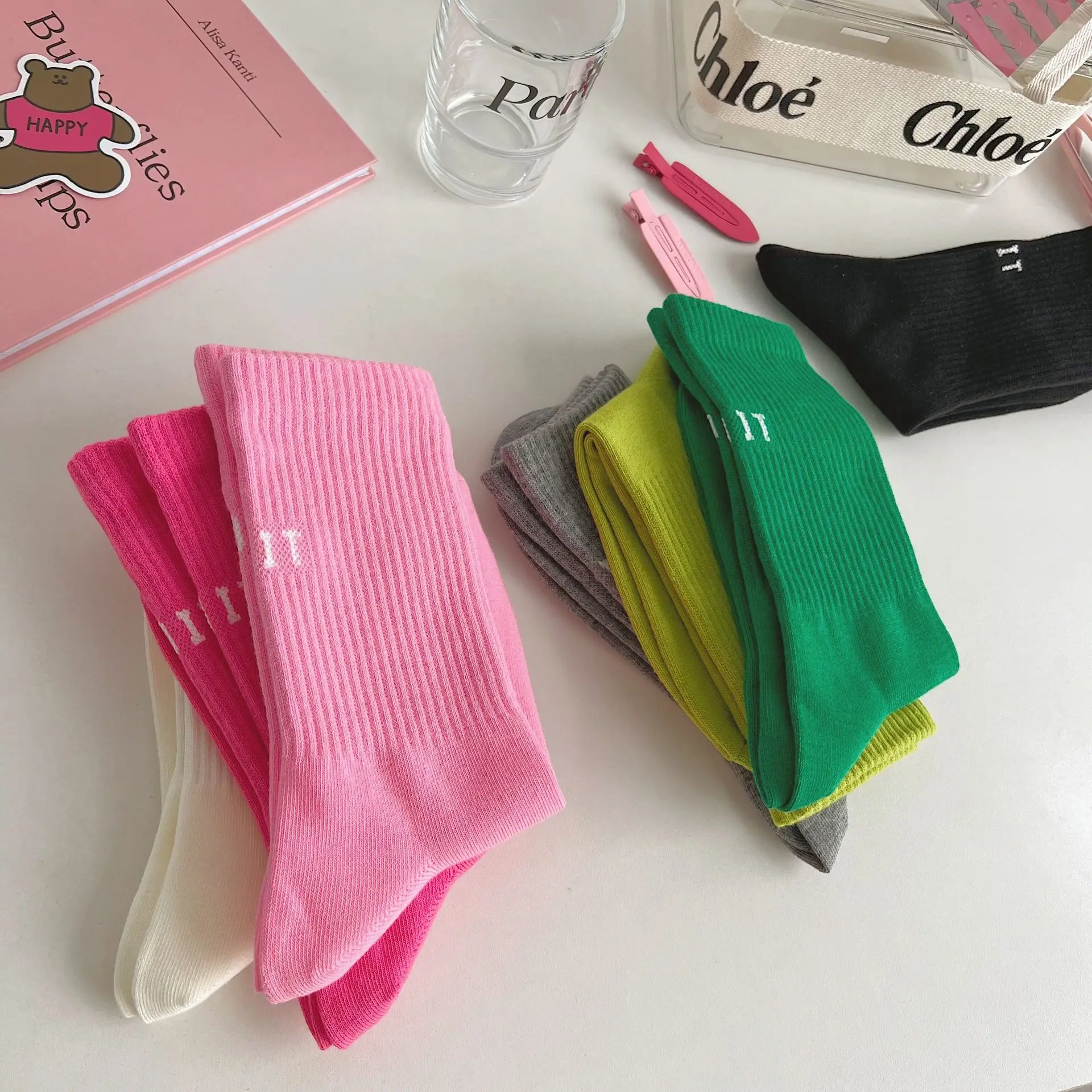 Cotton Mid Tube Socks Women's Spring Autumn Mid-tube Socks Ins Outside Wear Cotton Bottoming High Waist Letter Sports Stockings