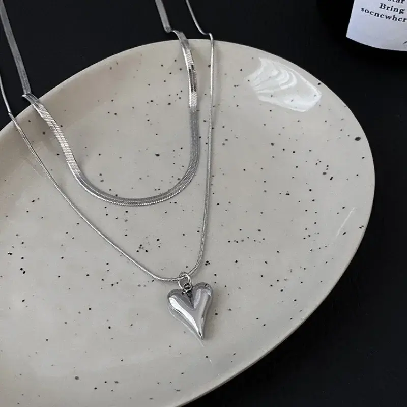 Fashion Double Layered Love Heart Pendant Necklace Women Simple Stainless Steel Necklace Chain Jewelry Gifts