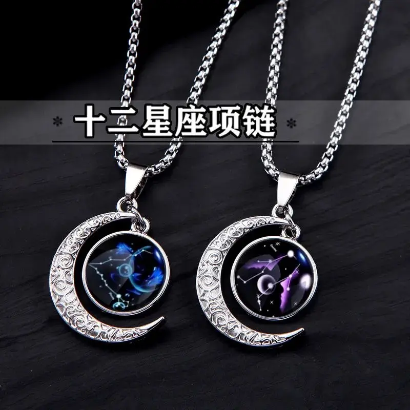 Fashion Luminous 12 Constellations Zodiac Signs Necklaces Crescent Moon Pendant Chains Necklace Couple Birthday Necklace Gifts