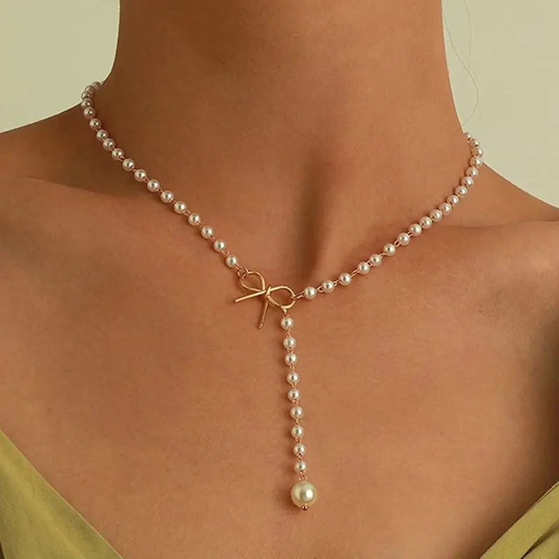 Imitation Pearl Tassel Bowknot Necklace Women Black White Beads Choker Fashion Women's Necklace Gift for Friend Gift
