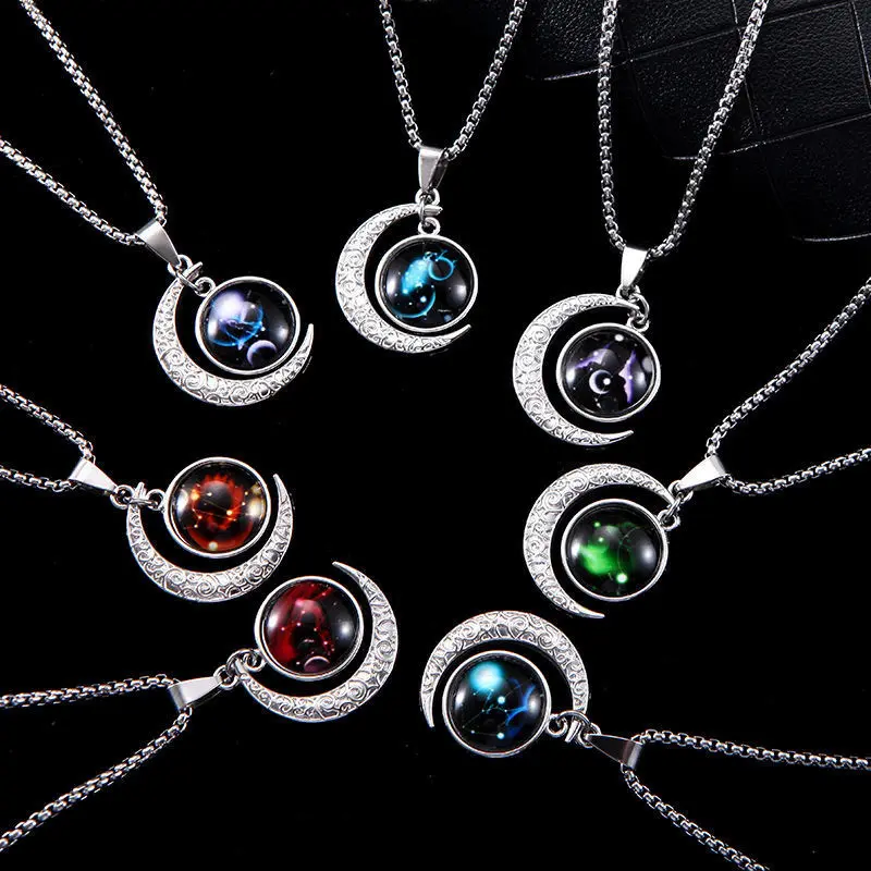 Fashion Luminous 12 Constellations Zodiac Signs Necklaces Crescent Moon Pendant Chains Necklace Couple Birthday Necklace Gifts