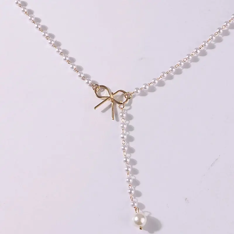 Imitation Pearl Tassel Bowknot Necklace Women Black White Beads Choker Fashion Women's Necklace Gift for Friend Gift