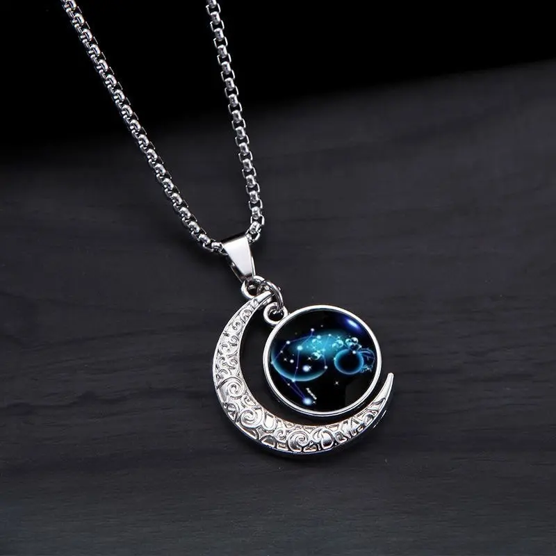 Fashion Luminous 12 Constellations Zodiac Signs Necklaces Crescent Moon Pendant Chains Necklace Couple Birthday Necklace Gifts