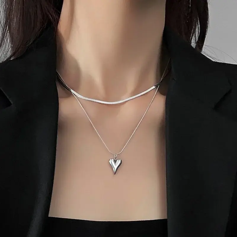 Fashion Double Layered Love Heart Pendant Necklace Women Simple Stainless Steel Necklace Chain Jewelry Gifts
