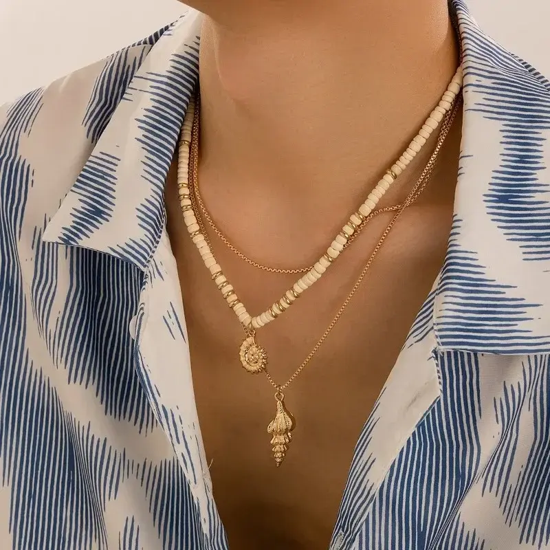 New Classic Conch Shell Pendant Necklace for Men Bohemian Coconut Husk Beaded Choker 3-layer Necklace Summer Beach Neck Jewelry