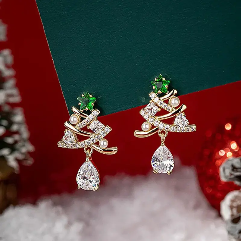 1 Pair Ear Needle Christmas Earrings Christmas Tree Pendant Hoop Earring Christmas Gift Fashion Party Jewelry