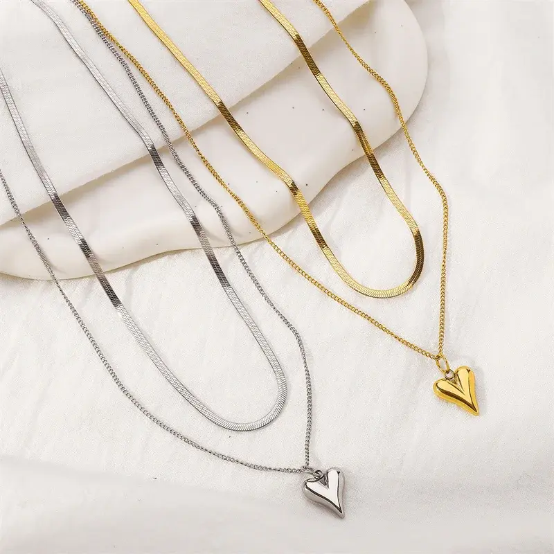 Fashion Double Layered Love Heart Pendant Necklace Women Simple Stainless Steel Necklace Chain Jewelry Gifts
