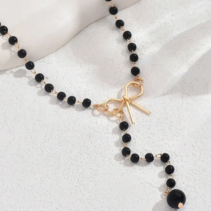Imitation Pearl Tassel Bowknot Necklace Women Black White Beads Choker Fashion Women's Necklace Gift for Friend Gift